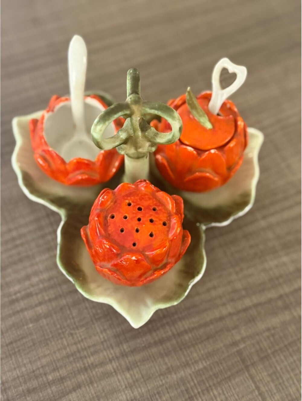 Vintage 1940s Ceramic Flower-Shaped Condiment Set with Leaf Tray